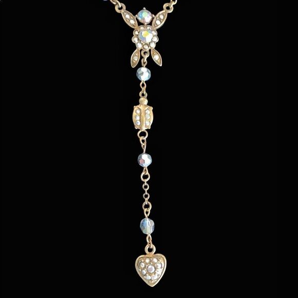 Vintage Kirk’s Folly AB Crystal floral heart pendant necklace 14” +2” extension - Picture 4 of 9